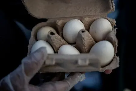 FILE PHOTO: A vendor holds fresh eggs at a farmers' market in the U.S., March 8, 2025. REUTERS/Carlos Barria/File Photo