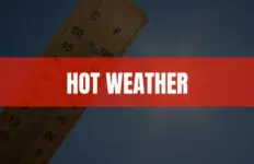 Text that says Hot Weather on a red rectangle with a thermometer and the sun in the background