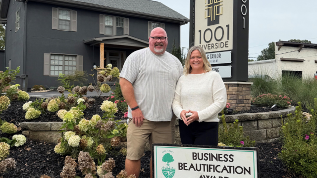 Brett Copeland and Jeannie Copeland at McKibbon Development’s 1001 Riverside. (GHCC photo)