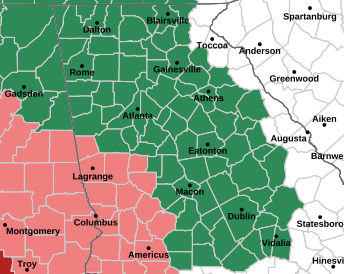 Hurricane-related watches for Georgia. Greem: Flood Watch. Pink: Tropical Storm Watch (NWS)