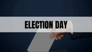 Text says election day with man casting ballot into ballot box in background.