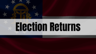 Text that says Election Returns on white rectangle with Georgia flag in background