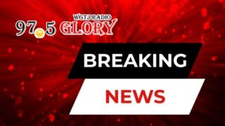 Graphic with 97.5 Glory FM logo and the words Breaking and News on parallelograms with a red design in the background