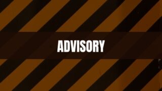 Text that says Advisory on a brown rectangle with caution stripes in the background
