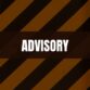 Text that says Advisory on a brown rectangle with caution stripes in the background