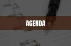Text that says Agenda on a brown rectangle with a notebook in the background