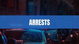 Text that says Arrests on a light blue rectangle with police cars in the background