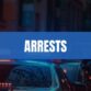 Text that says Arrests on a light blue rectangle with police cars in the background