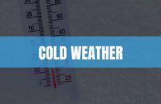 Text that says Cold weather on light blue rectangle with a thermometer and ice in the background