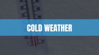 Text that says Cold weather on light blue rectangle with a thermometer and ice in the background
