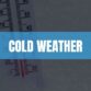 Text that says Cold weather on light blue rectangle with a thermometer and ice in the background