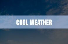 Text that says Cool Weather on a baby blue rectangle with clouds in the backgroud