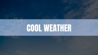 Text that says Cool Weather on a baby blue rectangle with clouds in the backgroud