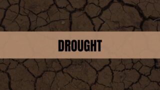 Text that says Drought on an amber rectangle with an image of dry cracked ground in the background