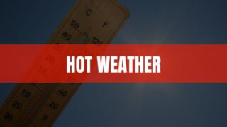Text that says Hot Weather on a red rectangle with a thermometer and the sun in the background