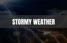 Text that says Stormy Weather on a dark gray rectangle with a thunderstorm in the background