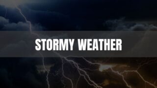 Text that says Stormy Weather on a dark gray rectangle with a thunderstorm in the background