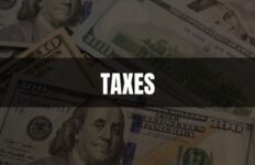 Text that says Taxes on a black rectangle with an image of money in the background