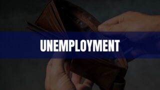 Text that says Unemployment on a dark blue rectangle with an open wallet in the background