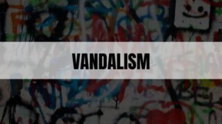 Text that says Vandalism on a white rectangle with graffiti in the background