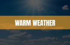 Text that says Warm Weather on an orange rectangle with the sun and clouds in the background