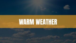 Text that says Warm Weather on an orange rectangle with the sun and clouds in the background
