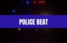 Text that says Police Beat on a blue rectangle with a police car with lights on in the background