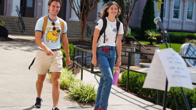 Two students walk across campus as fall semester begins at Brenau University. (Brenau U. photo)