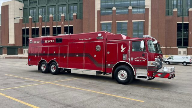 "Given the rapid growth not only in Gainesville but throughout northeast Georgia — along with the steady rise in the frequency and severity of serious incidents — we recognized the need to shift from a reactive approach to a proactive one when it comes to our equipment and apparatus capabilities," Chief Ellis said. (GFD photo showing GFD truck, manufactured in Wisconsin, parked outside historic Lambeau Field, home of the Green Bay Packers)