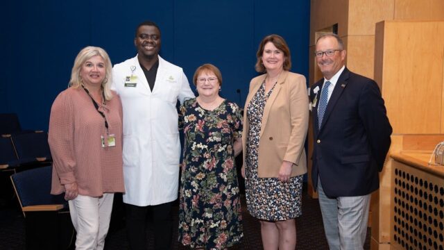 Ugochukwu Egolum, MD, (second from left) is pictured with Maggie James (far left), major gifts officer for the NGHS Foundation; Debbie Jones, endowment donor and patient of Dr. Egolum; Donna Brown, executive director of GME; and Chris Bray, chief philanthropy officer and president of the NGHS Foundation. (NGHS photo)