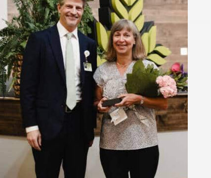 Donna Hill, shown with NGHS President/CEO Matt Hanley, was presented with the Joan Kosmala Volunteer of the Year Award, recognizing her 15 years and more than 2,600 hours of service. (NGHS photo)