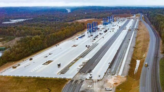 Construction continues on Gainesville's Inland Port which the Georgia Ports Authority said recently is still on target for completion next Spring.  (Courtesy Ga. Ports Authority)