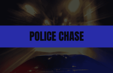Blue rectangle with black text that says Police Chase and a fast-moving police car in the background.