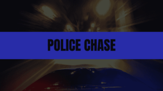 Blue rectangle with black text that says Police Chase and a fast-moving police car in the background.