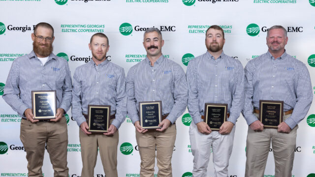 A Jackson EMC crew with Michael Simmons, Jacob Miller, Kyler Hosch, Andrew Quint and Paul Everett was awarded a Georgia EMC Life Saving Award for their efforts helping two people involved in a severe two-car accident in Gwinnett County.
(Jackson EMC photo)