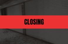 Text that says Closing on a red rectangle with an image of rolling service doors in the background.
