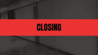 Text that says Closing on a red rectangle with an image of rolling service doors in the background.