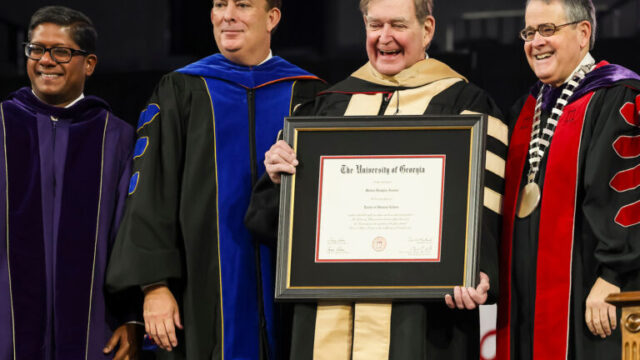“Today, we are privileged to present an honorary degree to Mr. M. Douglas Ivester (second from right) for his outstanding contributions to the University of Georgia, his commitment to developing a generation of young leaders, and his remarkable career defined by professional success,” Morehead told the crowd.  

(UGA photo)