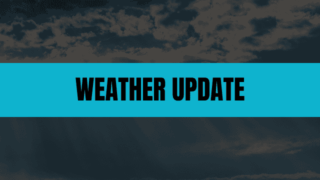 Text that says Weather Update on a light-blue rectangle with clouds in the background.