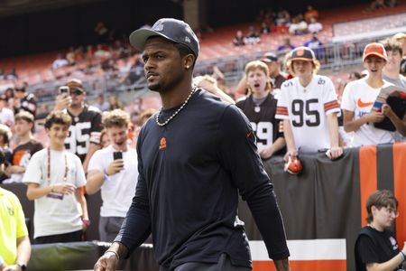 FILE PHOTO: Aug 17, 2024; Cleveland, Ohio, USA; Cleveland Browns quarterback Deshaun Watson (4) walks out to the field before the game against the Minnesota Vikings at Cleveland Browns Stadium. Mandatory Credit: Scott Galvin-USA TODAY Sports/File photo