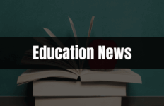 Text saying Education News on a black rectangle with school supplies in the background.