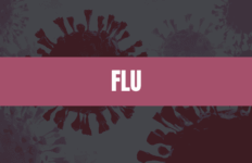 Text that says Flu on a pink rectangle with flu viruses in the background.