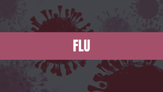 Text that says Flu on a pink rectangle with flu viruses in the background.