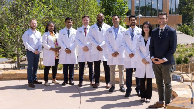 NGMC’s Psychiatry residents are learning from one of the best training programs in the country. Pictured L-R: Andrew Farias, program coordinator; Natalia Miles, MD, ambulatory associate program director; PGY-1 resident physicians Ramananda Kishore Kavi, MD; Nathaniel Clem, DO; Johnathan Grimes, DO; Zuhaab Temuri, MD; Karan Soni, DO; Shandana Younas, MD; Samuel Dotson, MD, program director. (NGMC Gainesville photo)