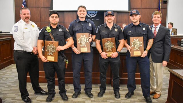 L-R: Gainesville Fire Chief Brandon Ellis, firefighters Josh Viveros and Jack Wiley, Lt. Cody Tucker, Sgt. Ryan Deaton and Mayor Zack Thompson.  (City of Gainesville photo)