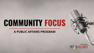 Text that says Community Focus A Public Affairs Program with microphone and station's logo.