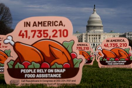 FILE PHOTO: A display on the National Mall, with the U.S. Capitol in the background, references Supplemental Nutrition Assistance Program (SNAP) benefits, in Washington, D.C., U.S., November 14, 2025. (SRNNEWS/REUTERS/Elizabeth Frantz/File Photo)
