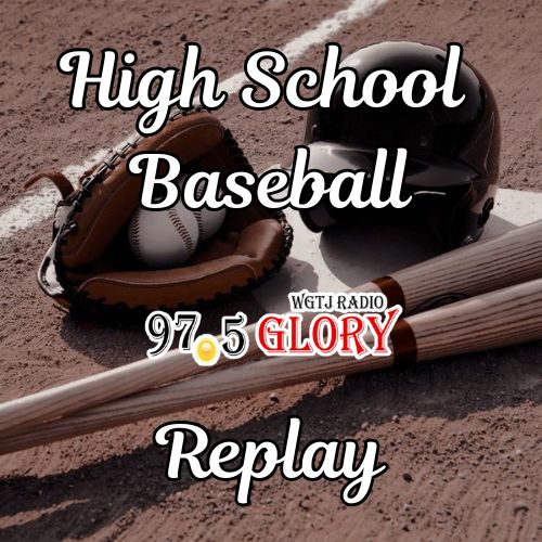 High School Baseball Replay graphic with the station logo and a baseball bat, glove, and helmet in the background.