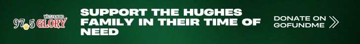 Station logo and text that says Support the Hughes Family in their Time of Need and Donate on GoFundMe on a green background.