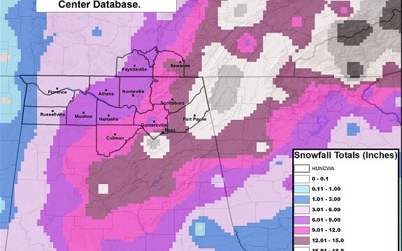NWS map detailing snowfall across the south on March 13-14,  1993)